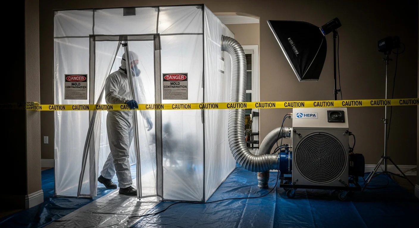 Professional mold containment setup with polyethylene sheeting in a Clover SC home