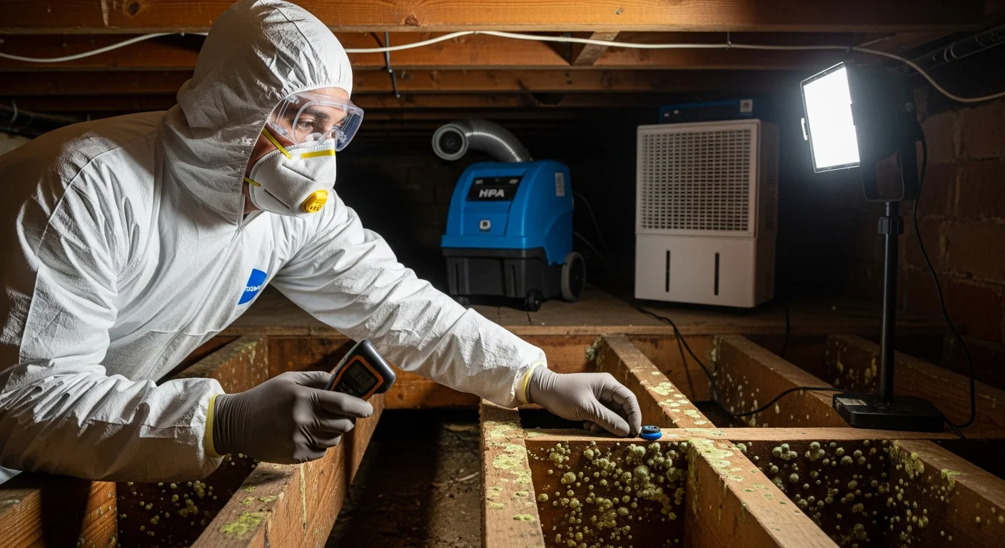 Palm Build technician performing mold remediation in a Clover SC crawl space