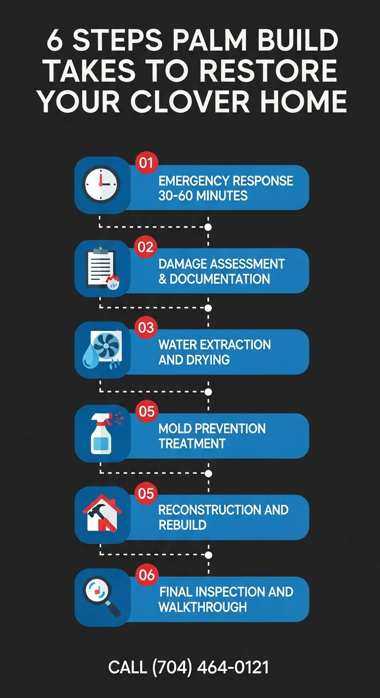 Palm Build restoration process documentation at a Clover SC property showing step-by-step insurance claim support