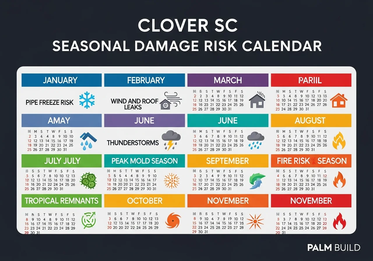 Clover SC seasonal water damage risk calendar showing month-by-month damage patterns for York County