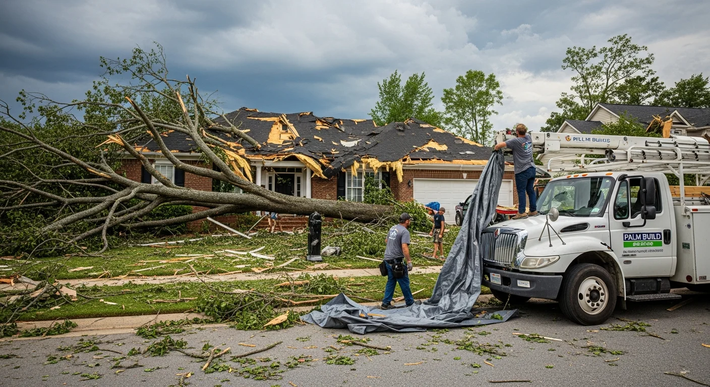 Storm damage to a residential home in Clover SC showing a fallen tree across the roof with damaged shingles and exposed decking requiring emergency tarping