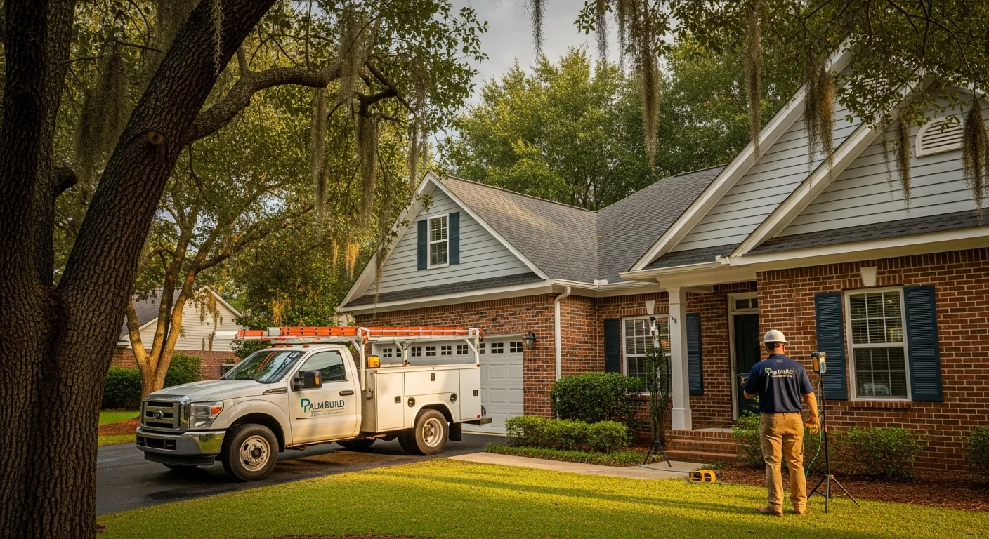 Palm Build restoration team responding to a water damage emergency at a Clover, South Carolina home with Piedmont landscape and mature trees visible