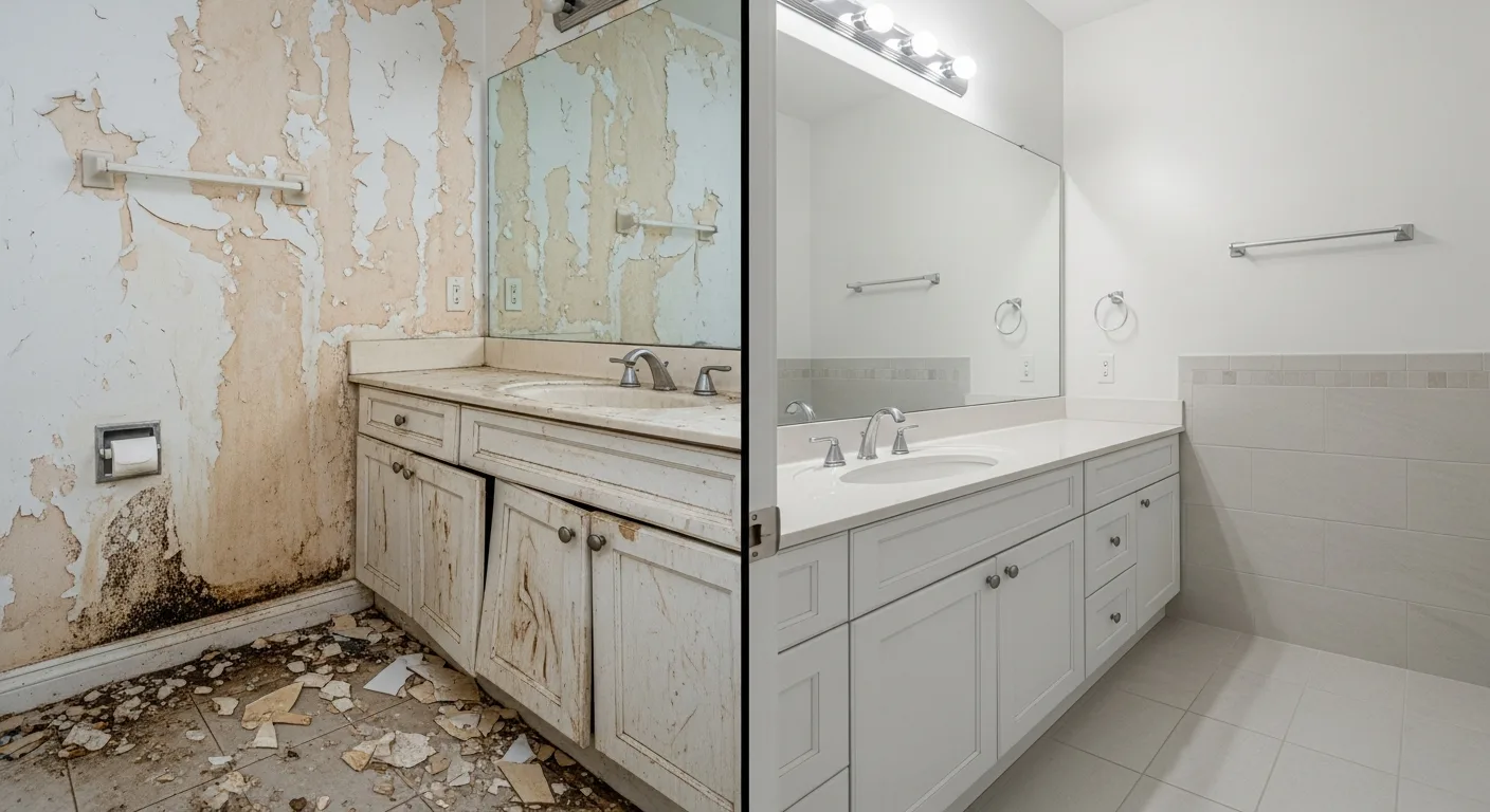 Before and after water damage restoration of a bathroom in a Coconut Creek Florida home showing complete rebuild