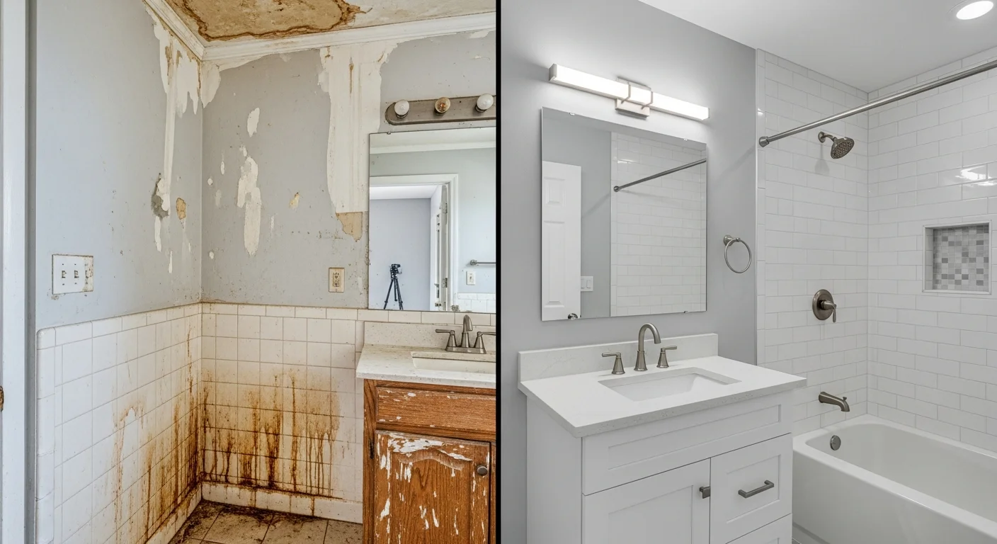 Before and after bathroom reconstruction in a Coconut Creek FL home showing water-damaged CBS walls replaced with modern tile and fixtures