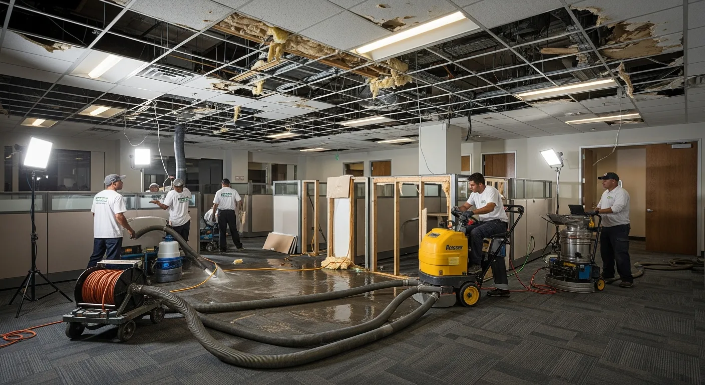 Commercial office water damage restoration in Coconut Creek Florida showing drying equipment and containment barriers protecting occupied spaces