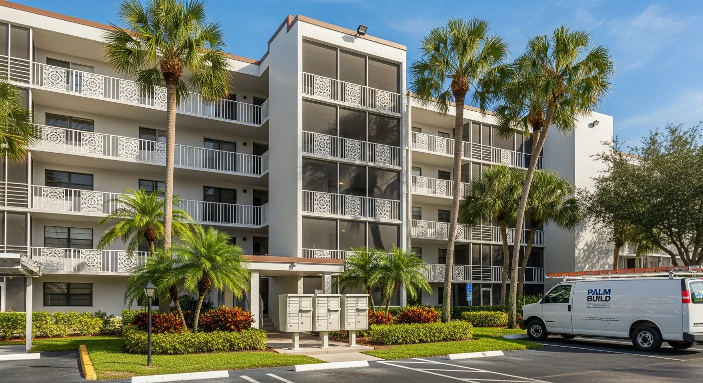 Palm Build restoration van parked at a Coconut Creek Florida condo complex during a water damage emergency response