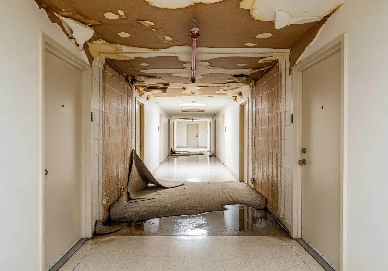 Water damage in a Coconut Creek FL condo hallway from an upstairs unit pipe failure affecting ceiling and walls