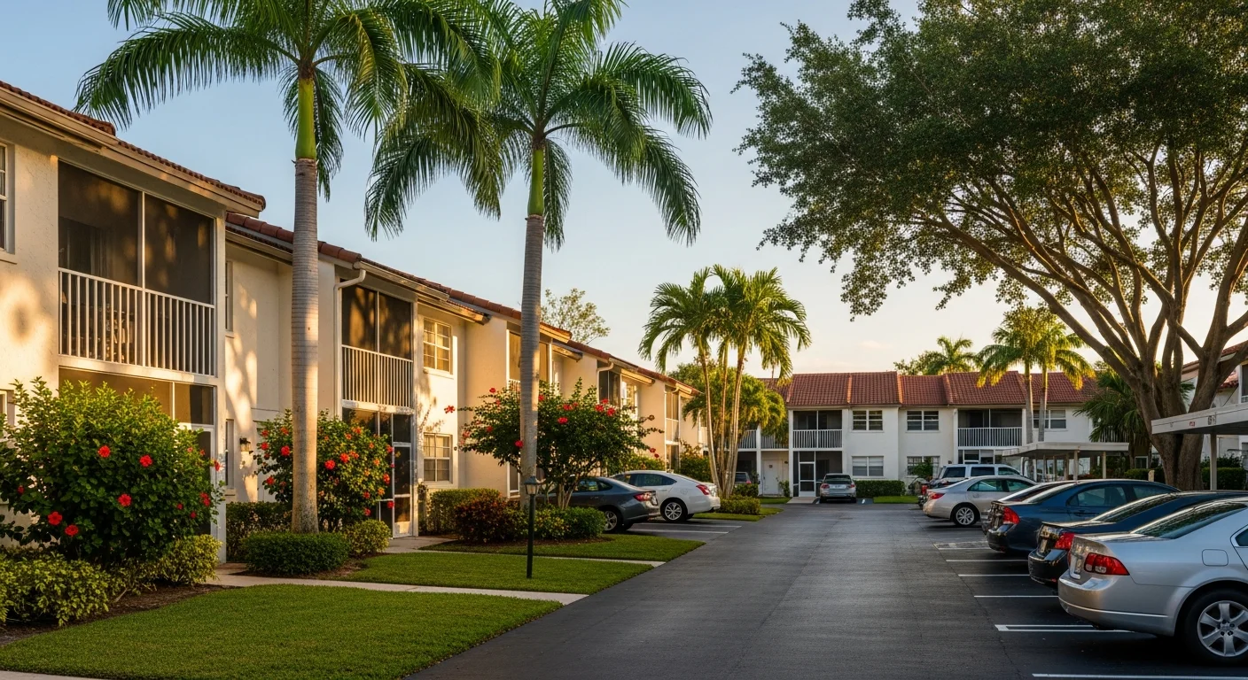 Coconut Creek FL planned condo and townhome community with CBS stucco construction barrel tile roofs and tropical landscaping showing HOA-governed architectural consistency
