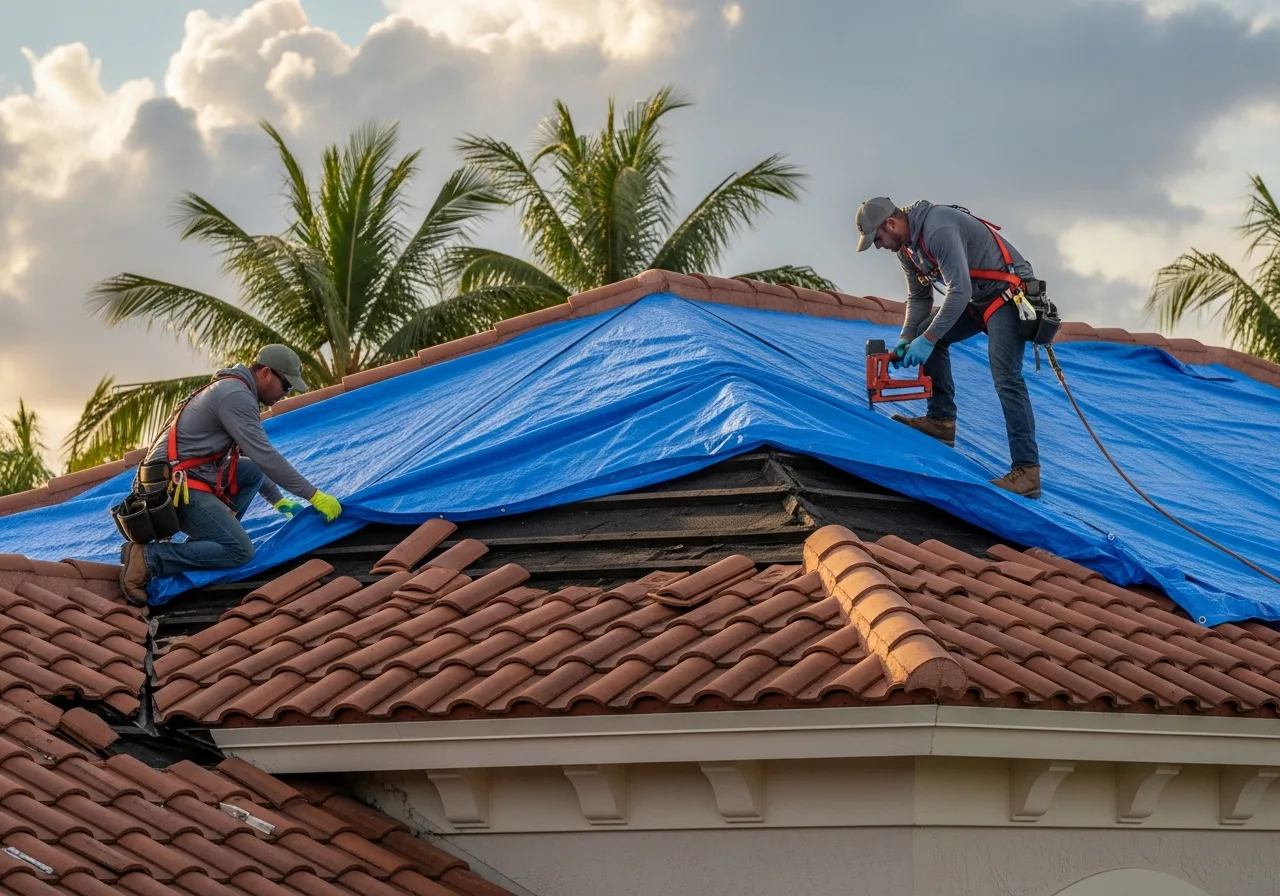 Palm Build crew installing emergency roof tarp over displaced barrel tiles on a Coconut Creek Florida home after hurricane damage