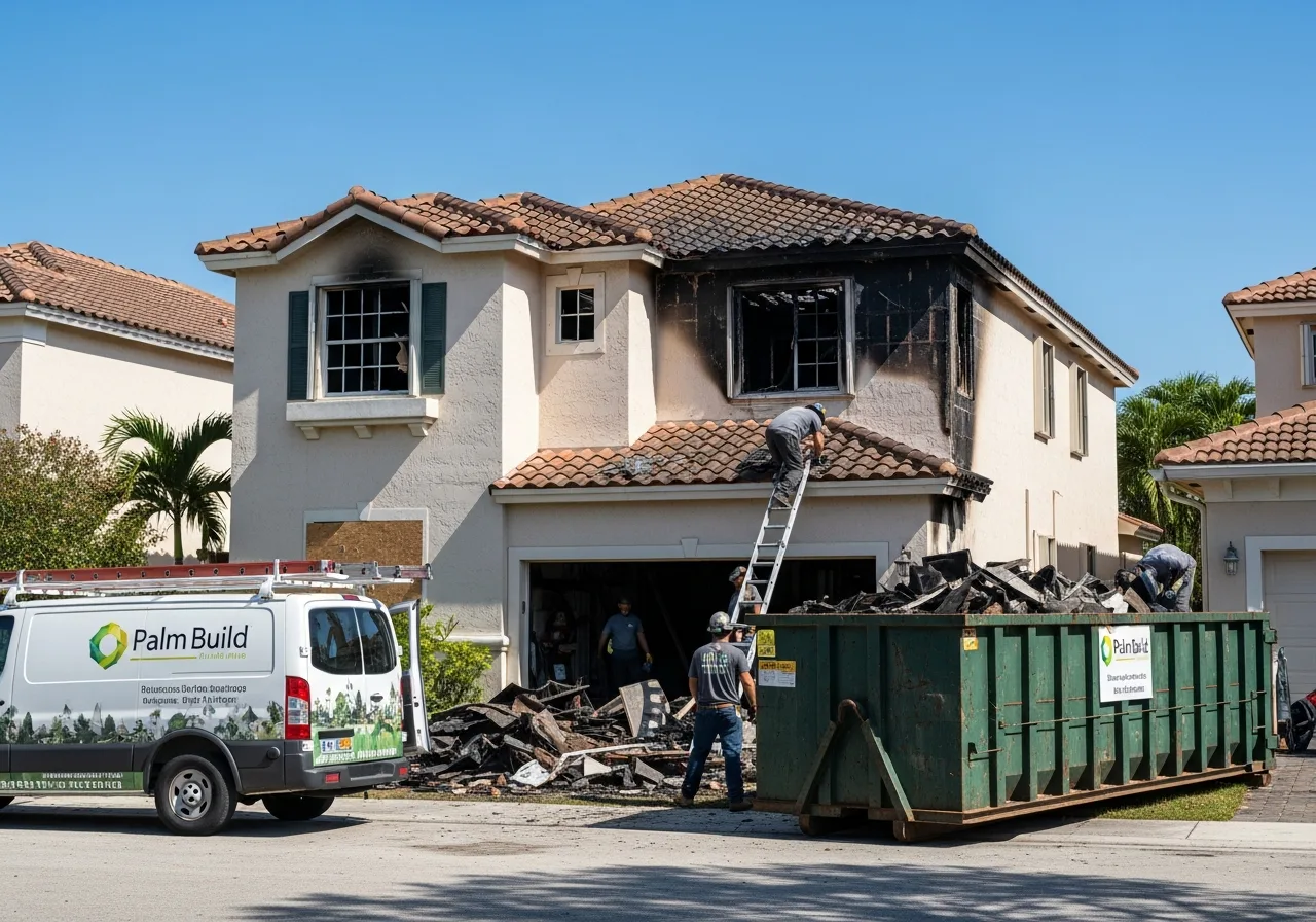 Fire damage cleanup and exterior restoration work at a Coconut Creek Florida CBS stucco home