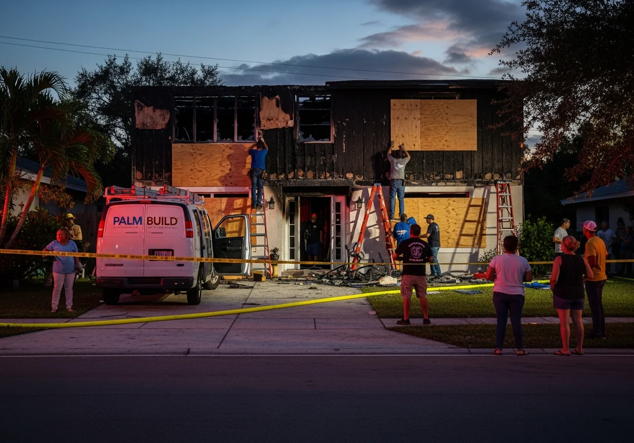 Emergency board-up securing a fire-damaged Coconut Creek Florida home with plywood over windows and doors