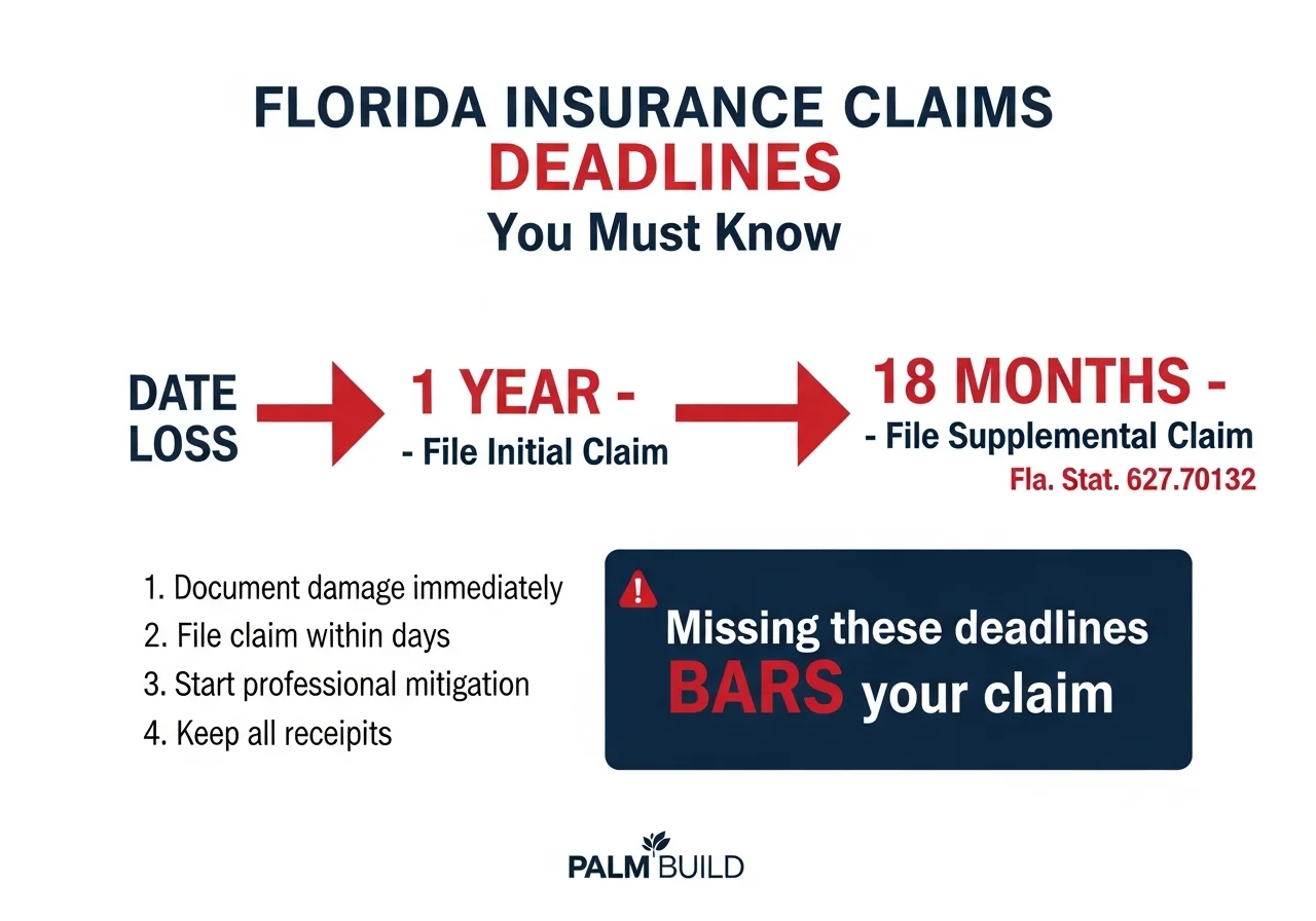 Infographic showing Florida insurance claim filing deadlines and hurricane deductible information for Coconut Creek homeowners