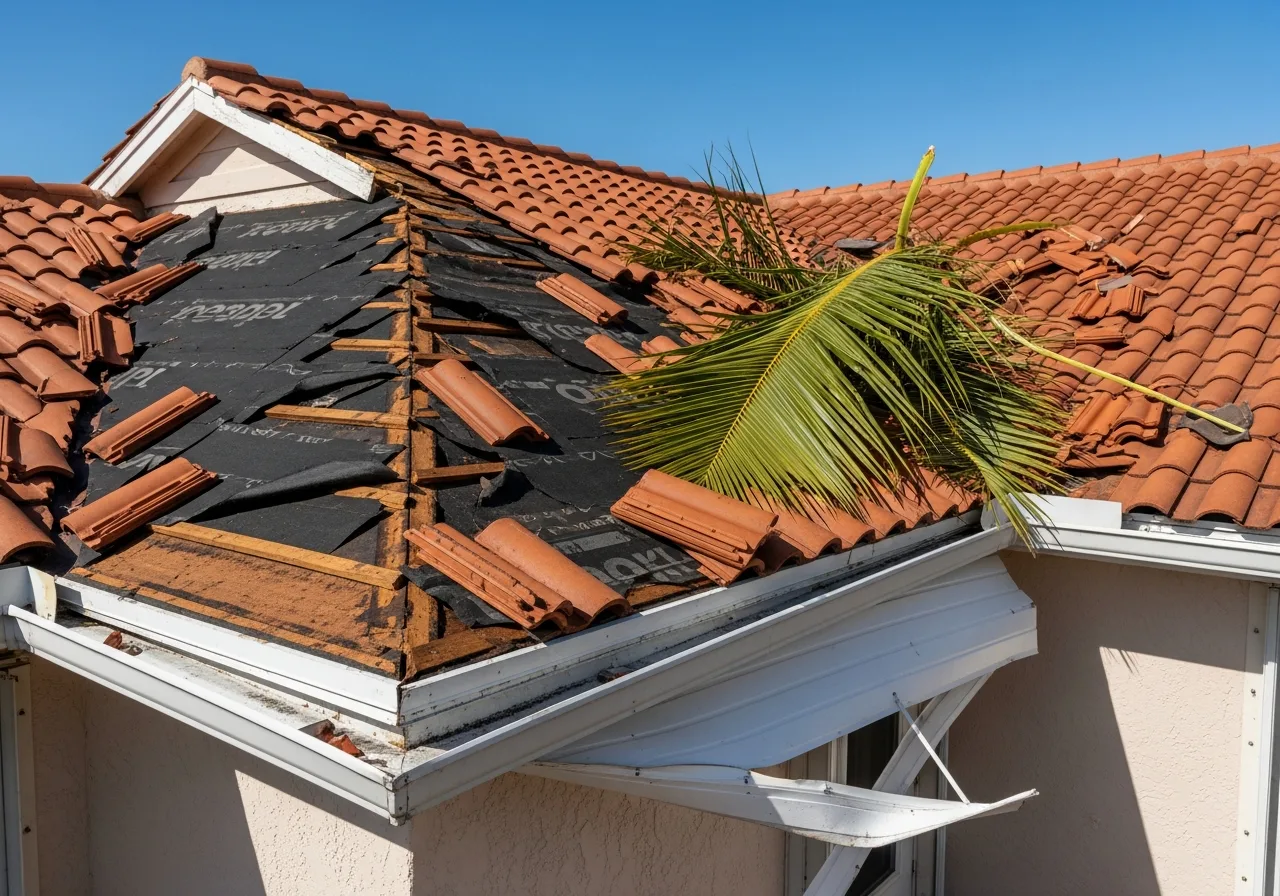 Hurricane wind damage to barrel tile roof on a CBS stucco home in Coconut Creek Florida showing displaced tiles and exposed underlayment