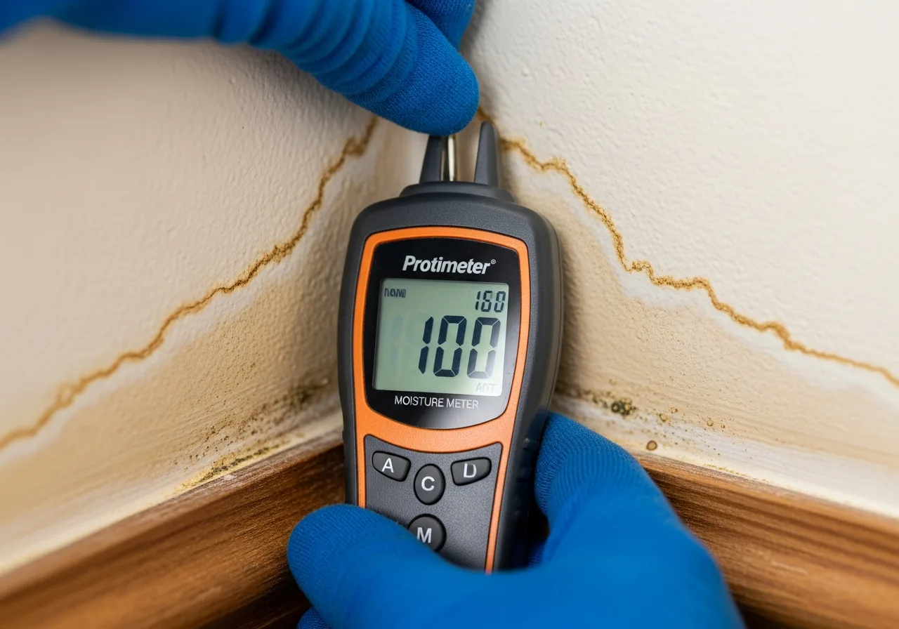 Moisture meter showing elevated readings on CBS block wall during mold inspection in a Coconut Creek Florida residence