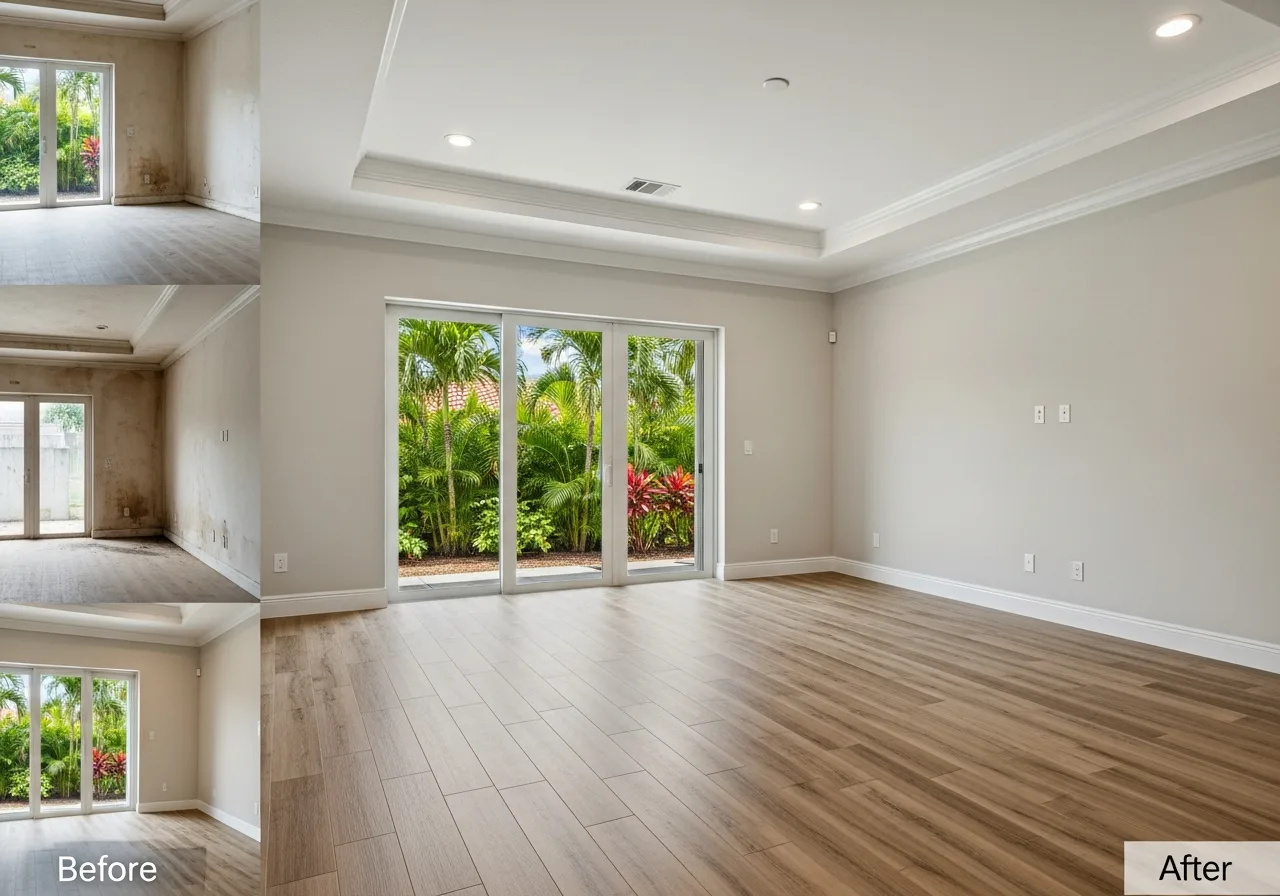Completed living room reconstruction after fire damage in a Coconut Creek Florida home with new drywall flooring and paint