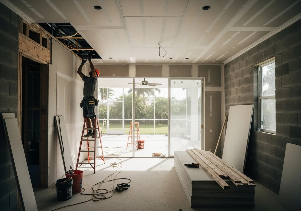 Interior reconstruction in progress at a Coconut Creek FL home showing new drywall installation over CBS block walls with electrical and plumbing rough-ins visible