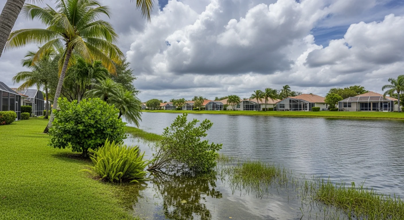 Coconut Creek FL retention lake at high water level during heavy rain event showing flood risk to adjacent residential community properties
