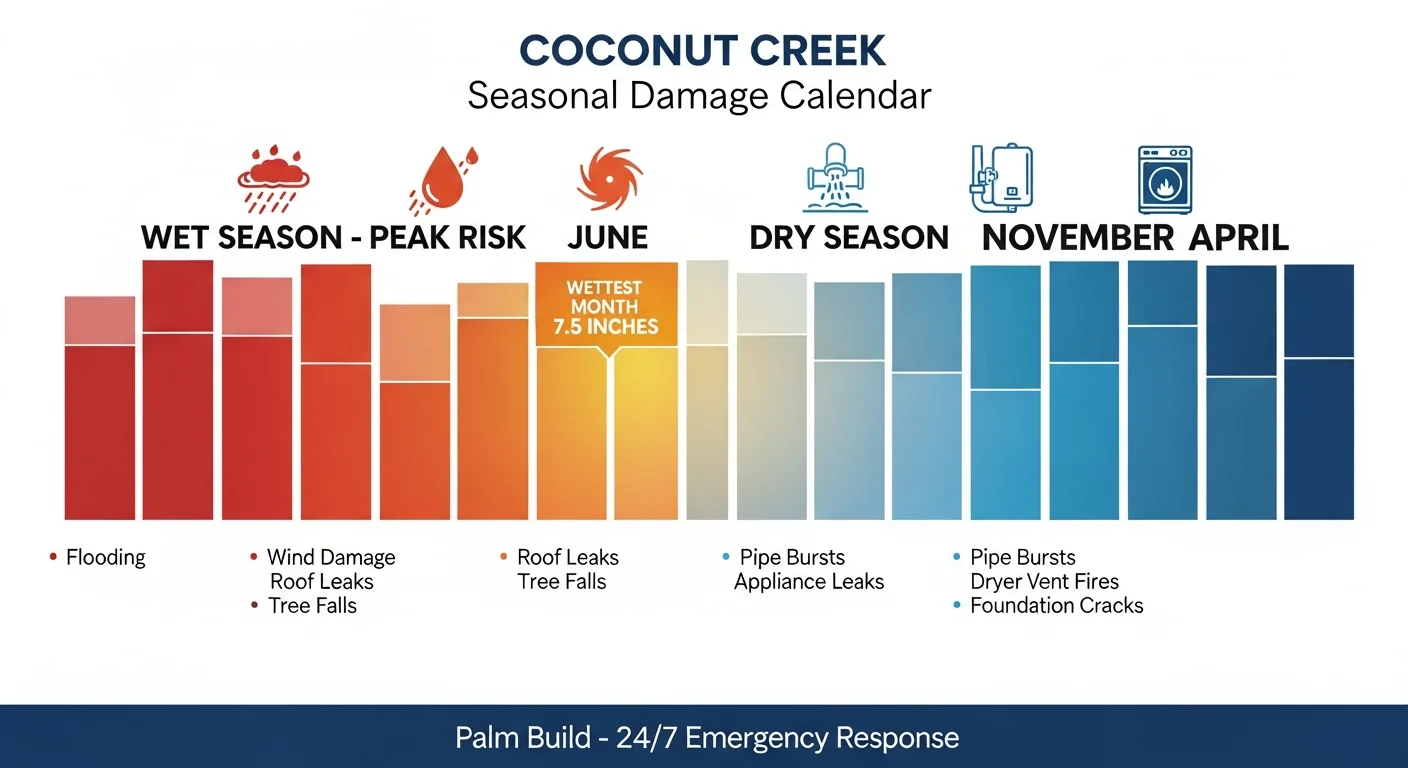Infographic showing month-by-month mold risk calendar for Coconut Creek Florida homes including hurricane season and HVAC condensation periods