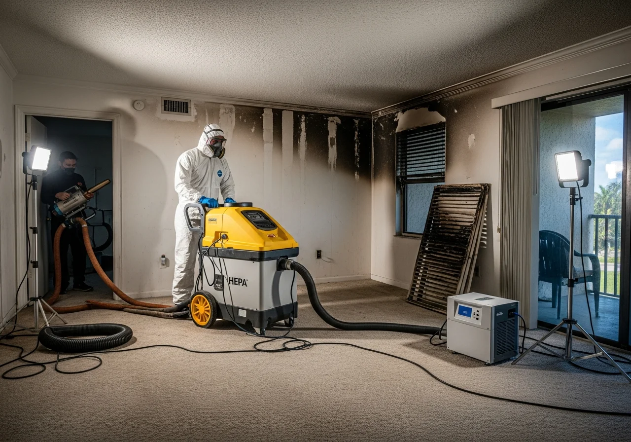 Smoke damage assessment and cleanup inside a Coconut Creek Florida condo unit with soot residue on walls and ceiling