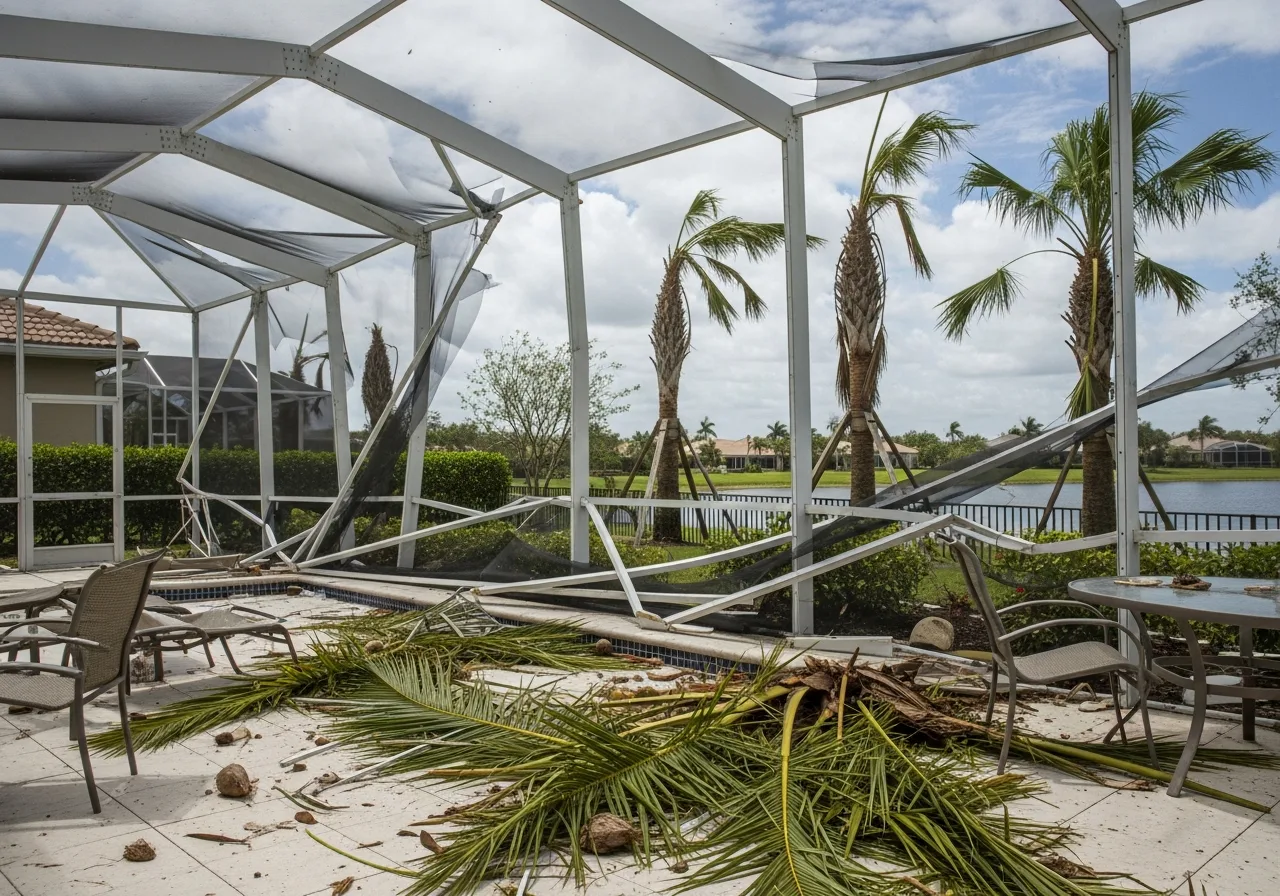 Destroyed screen enclosure and patio damage at a Coconut Creek Florida home after hurricane wind impact