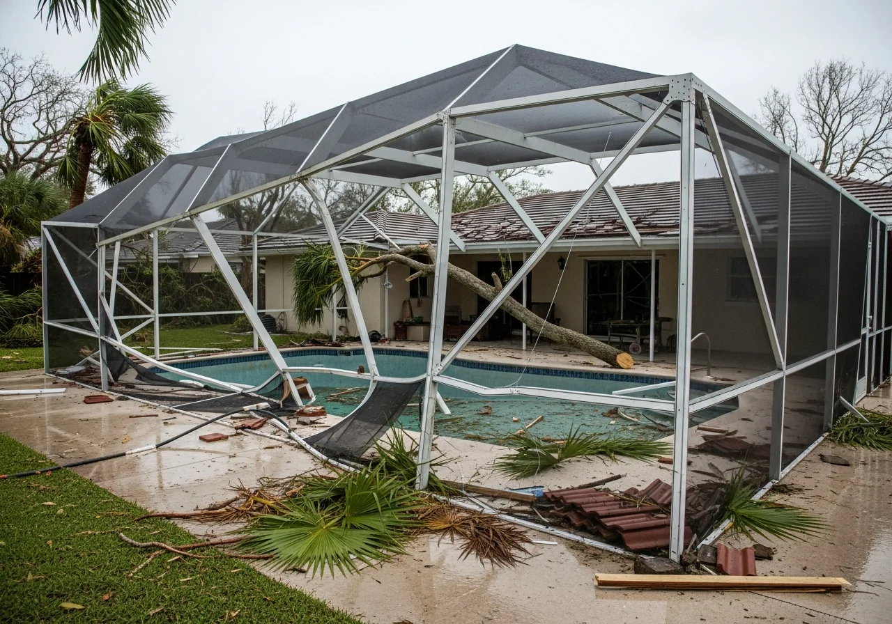 Close-up detail of wind-damaged screen enclosure framing at a Coconut Creek Florida property showing bent aluminum and torn screening