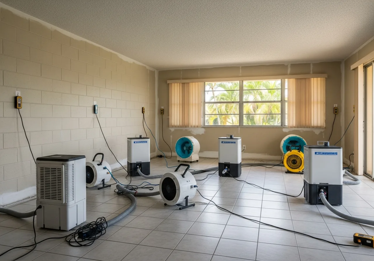Palm Build restoration team operating commercial drying equipment with HEPA air scrubbers during mold remediation in a Coconut Creek Florida condo
