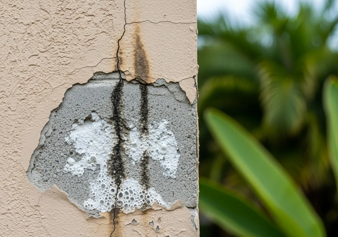 CBS stucco wall showing water intrusion through crack in a Coconut Creek FL home with visible moisture staining and paint bubbling