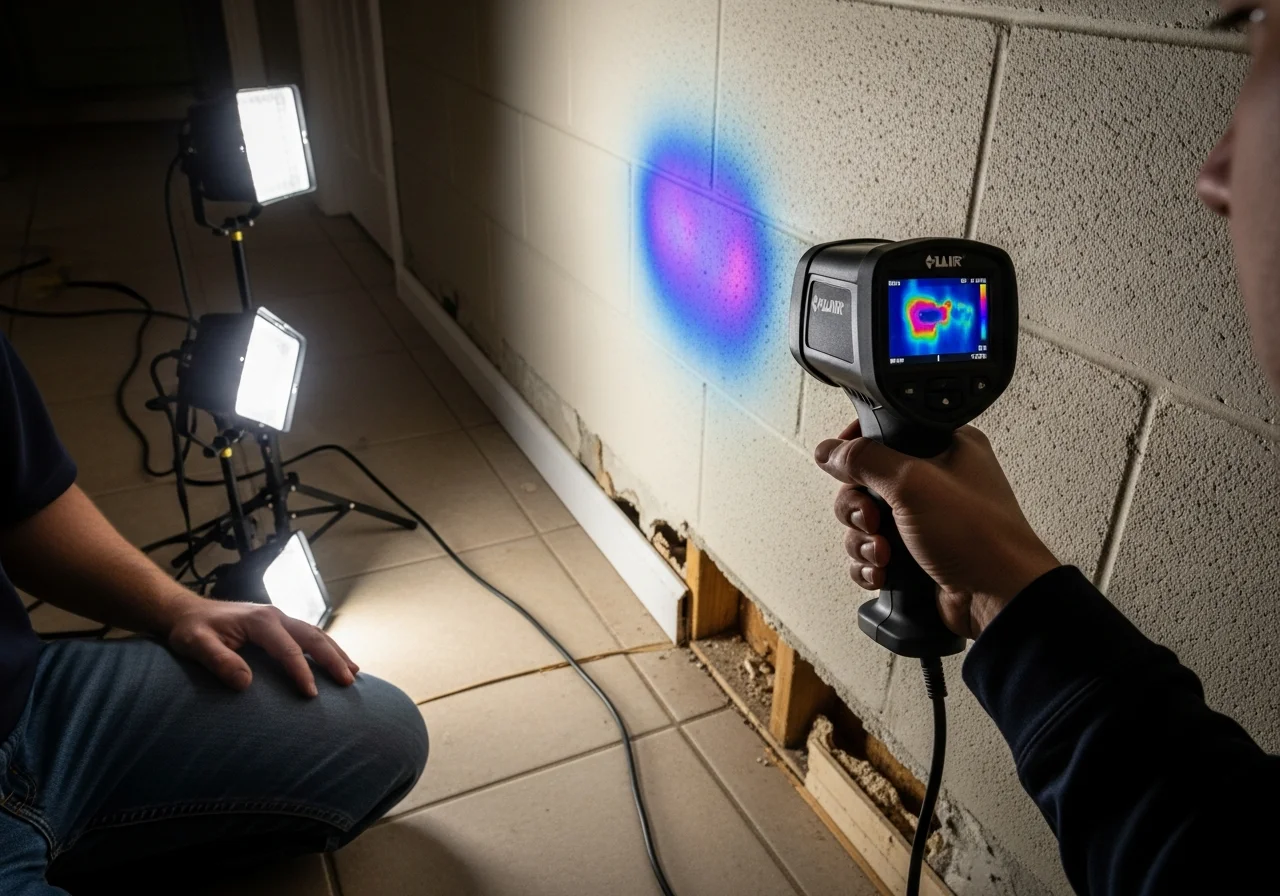 Restoration technician using thermal imaging camera to detect hidden moisture and mold behind CBS wall in Coconut Creek Florida home