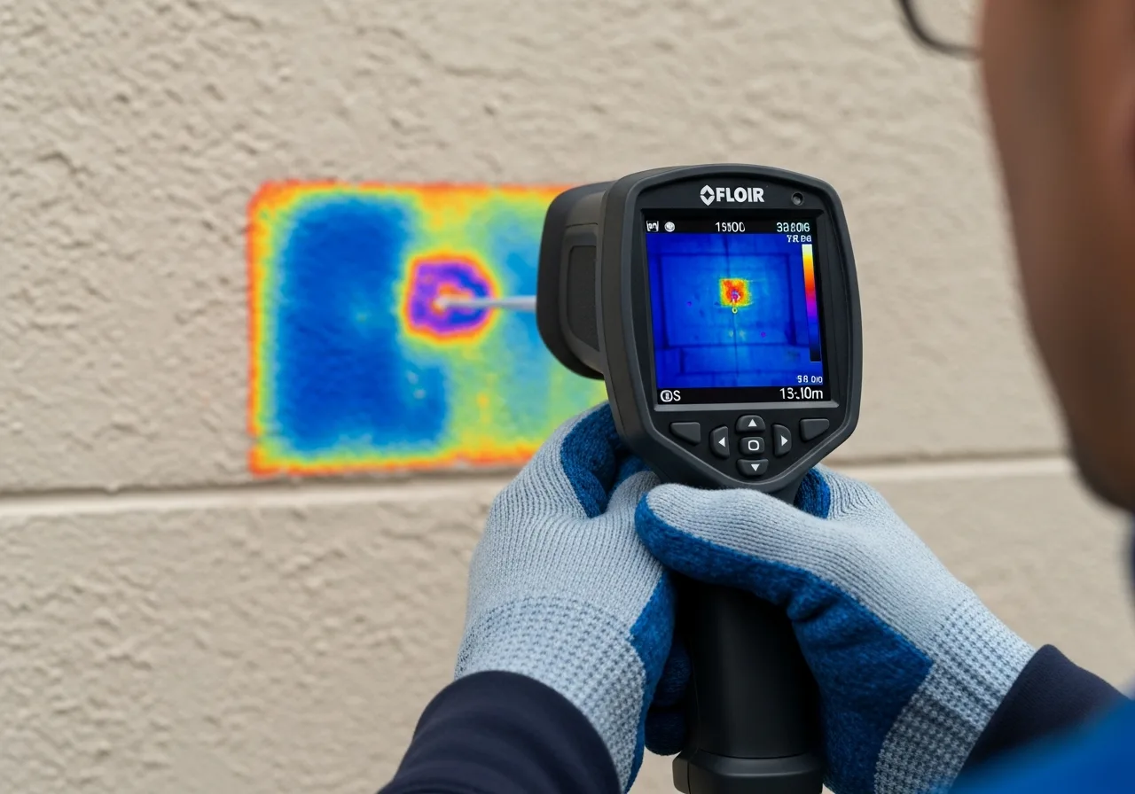Thermal imaging camera revealing hidden moisture behind a CBS stucco wall in a Coconut Creek FL home during insurance documentation