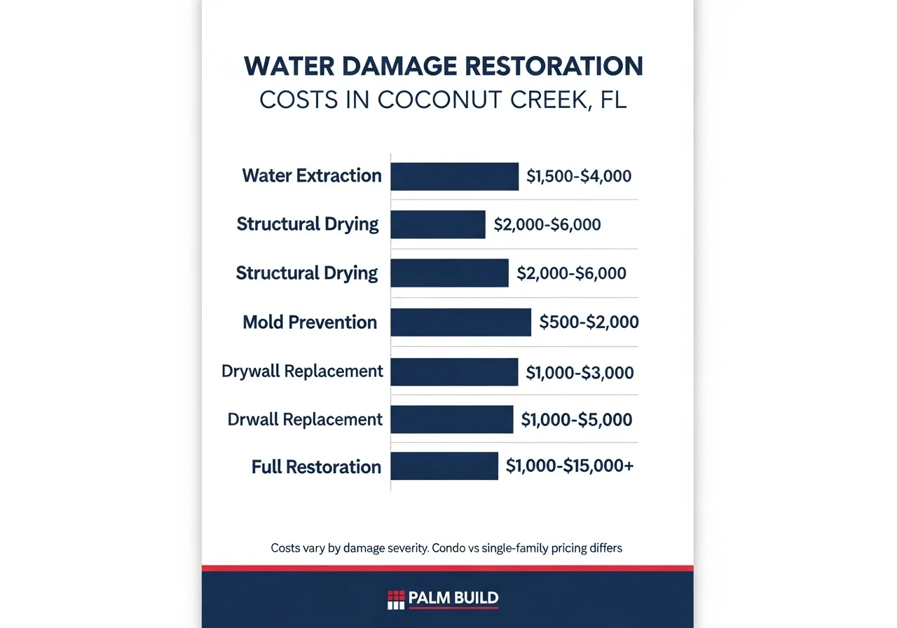 Infographic showing mold remediation cost ranges in Coconut Creek FL from single room to multi-unit projects