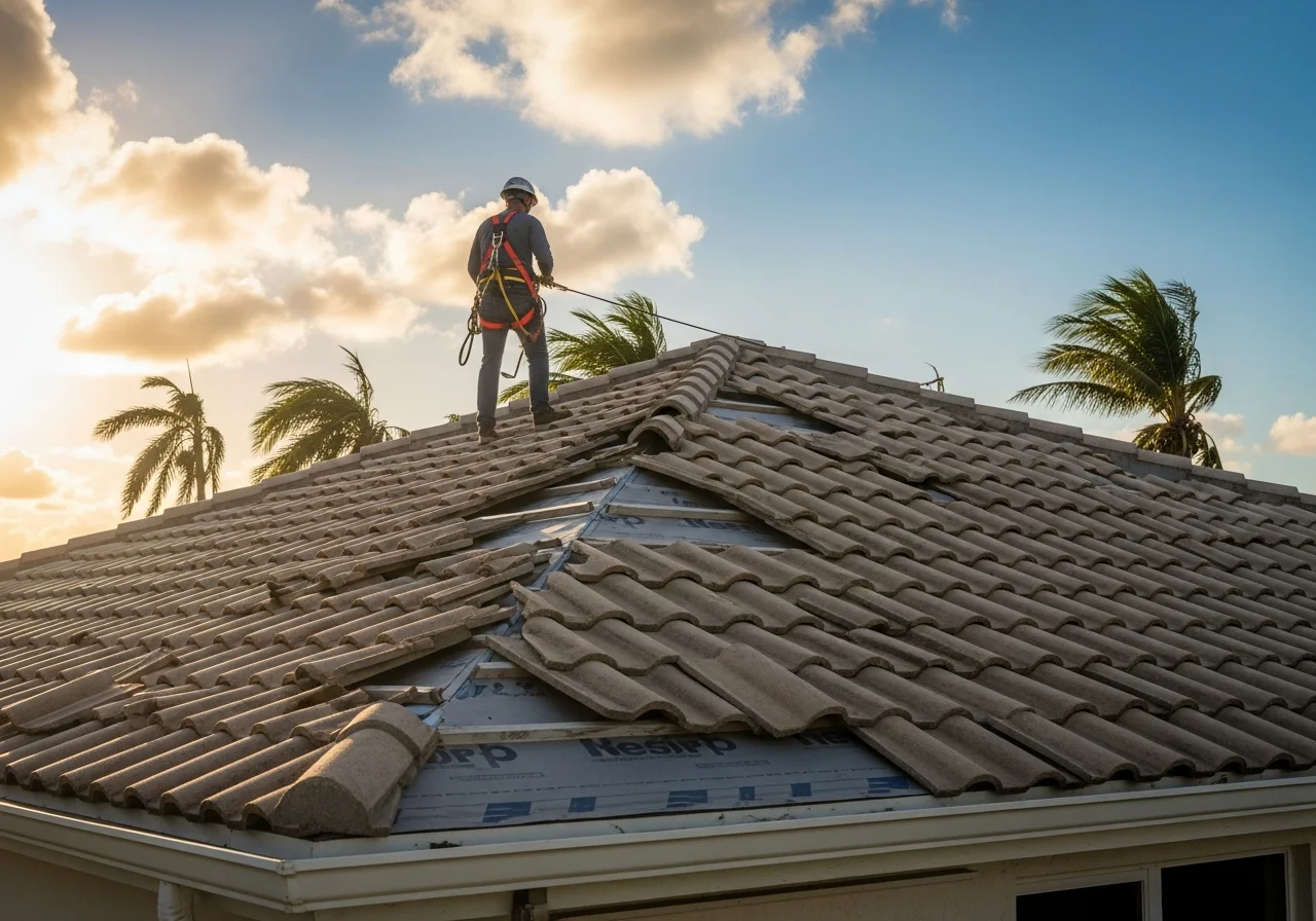 Palm Build technician inspecting wind-damaged concrete roof tiles on a Coconut Creek Florida home checking HVHZ code compliance for underlayment and fastener specifications