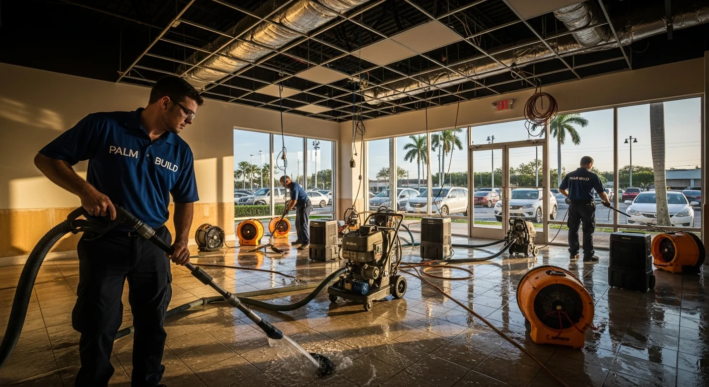 Palm Build commercial restoration team responding to a commercial property emergency in Coconut Creek Florida with professional equipment and emergency vehicles