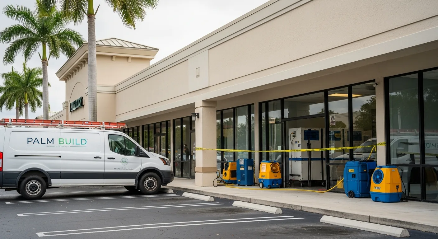 Palm Build commercial restoration team responding to water damage at a Coconut Creek Florida shopping plaza with extraction equipment