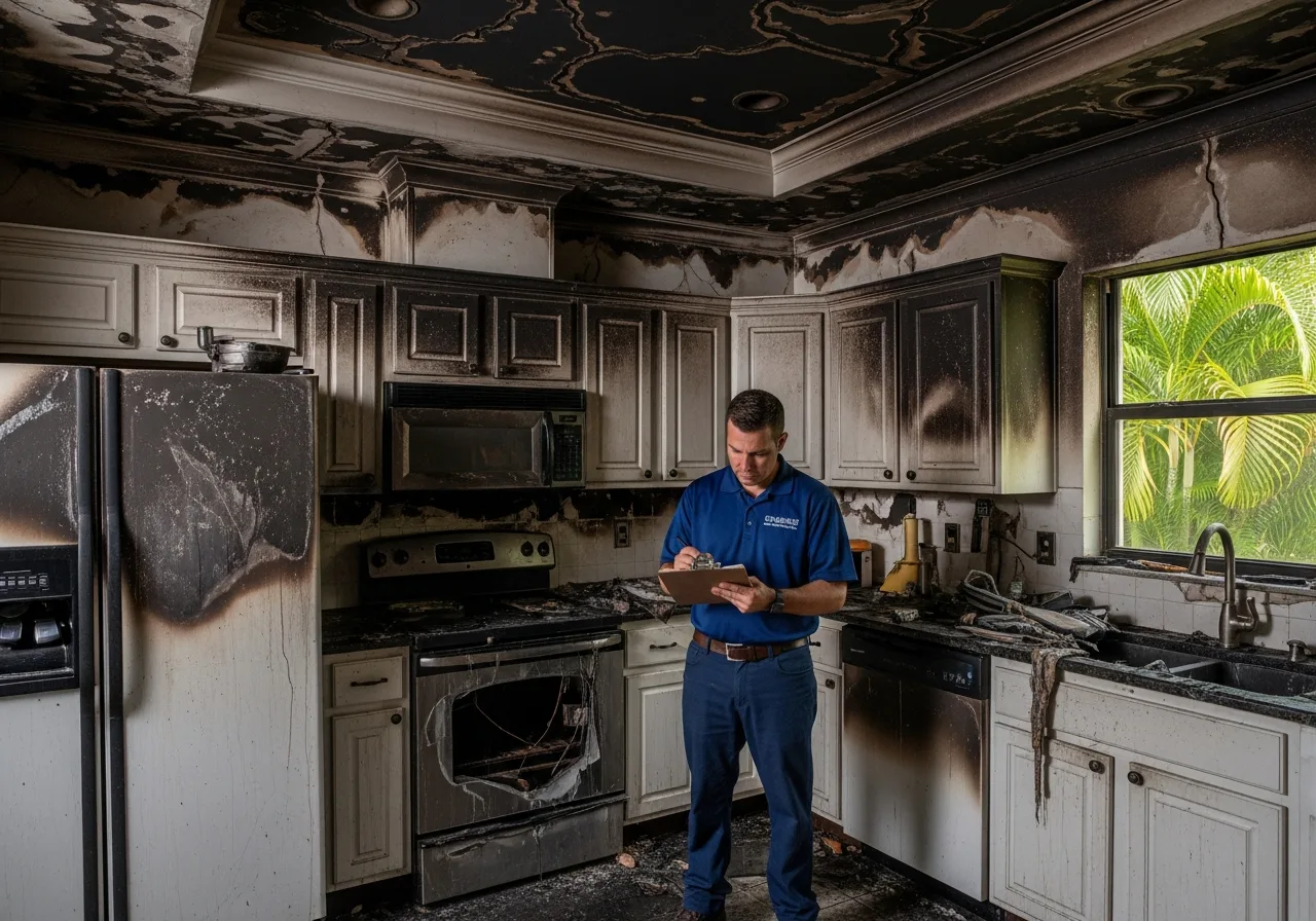 Palm Build technician performing fire and smoke damage assessment at a Coconut Creek Florida home using thermal imaging equipment