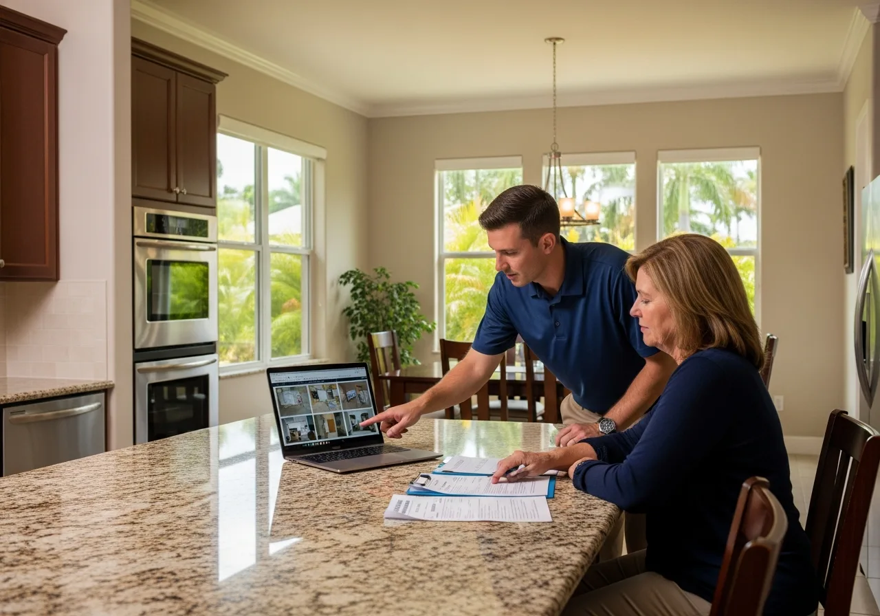 Palm Build team member reviewing fire damage insurance documentation with a Coconut Creek Florida homeowner during a claims consultation