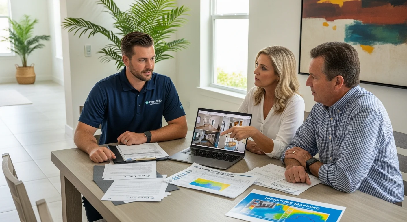 Palm Build insurance claims specialist reviewing property damage documentation with a Coconut Creek FL homeowner at a CBS stucco home with professional moisture detection and thermal imaging equipment visible