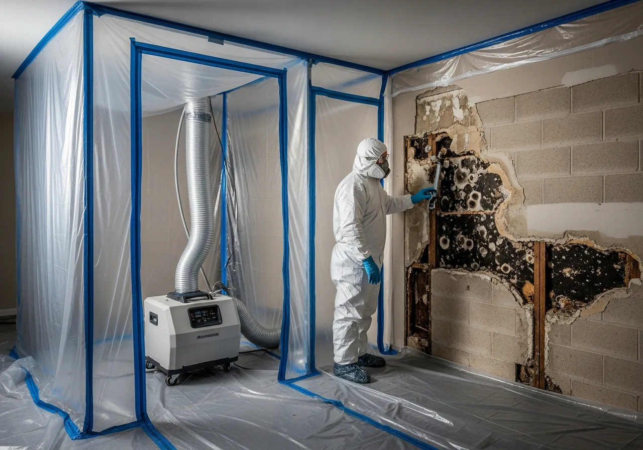 Palm Build mold remediation containment setup with HEPA air filtration inside a Coconut Creek Florida condo