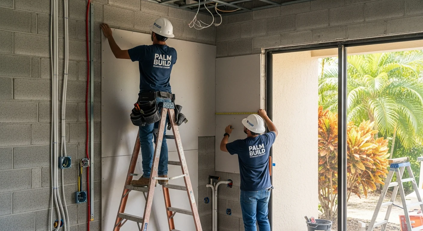 Palm Build reconstruction project in progress at a Coconut Creek FL CBS stucco home showing structural upgrades and Florida Building Code-compliant work