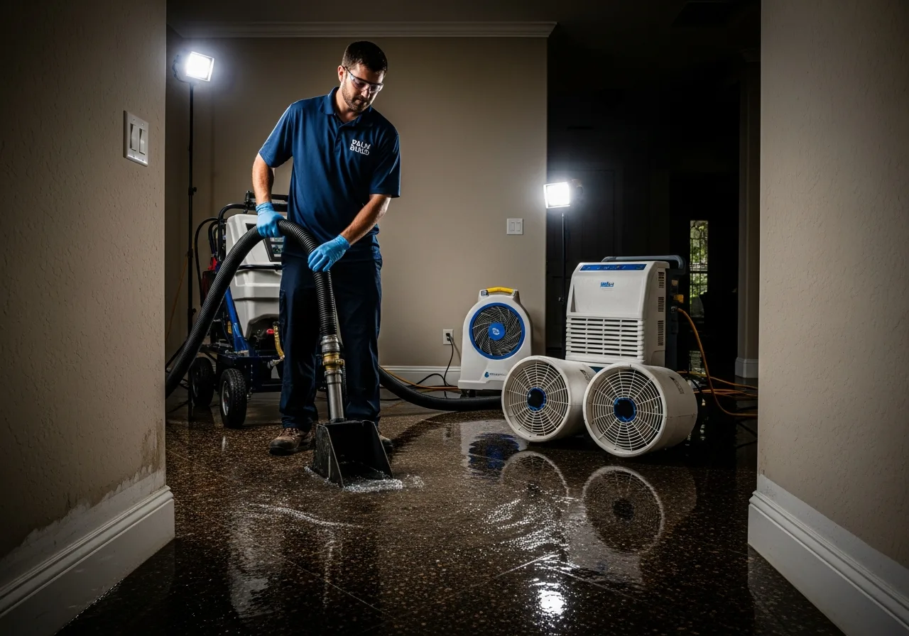 Palm Build technicians performing truck-mounted water extraction in a Coconut Creek Florida home
