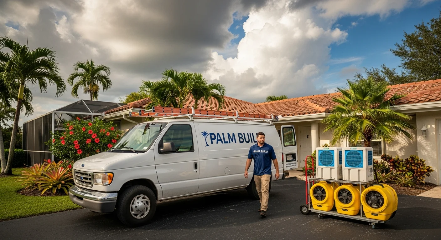 Palm Build restoration truck arriving at a CBS stucco home in Coconut Creek Florida with palm trees and community retention lake visible