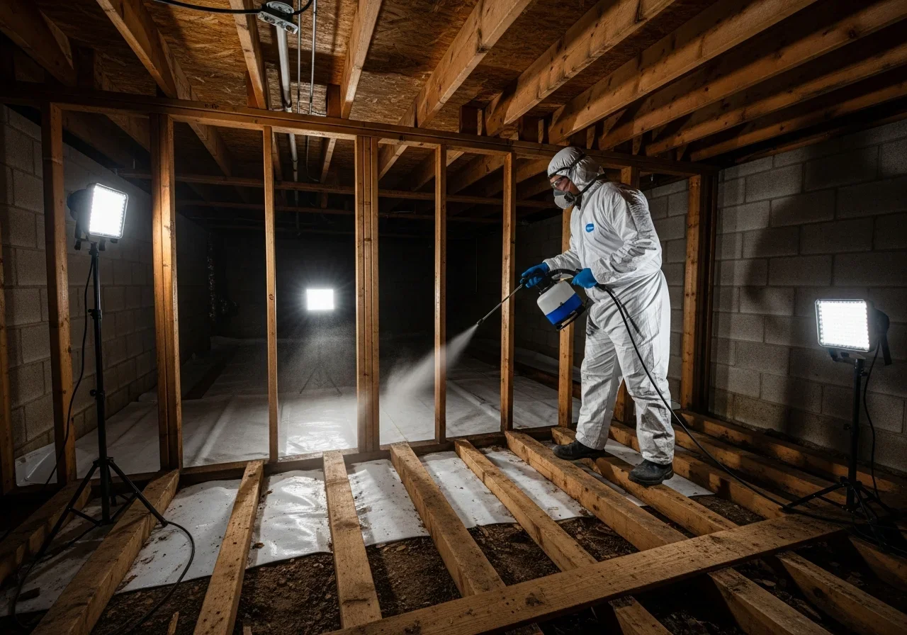 Technician applying EPA-registered antimicrobial treatment to crawl space structural elements in Columbia SC