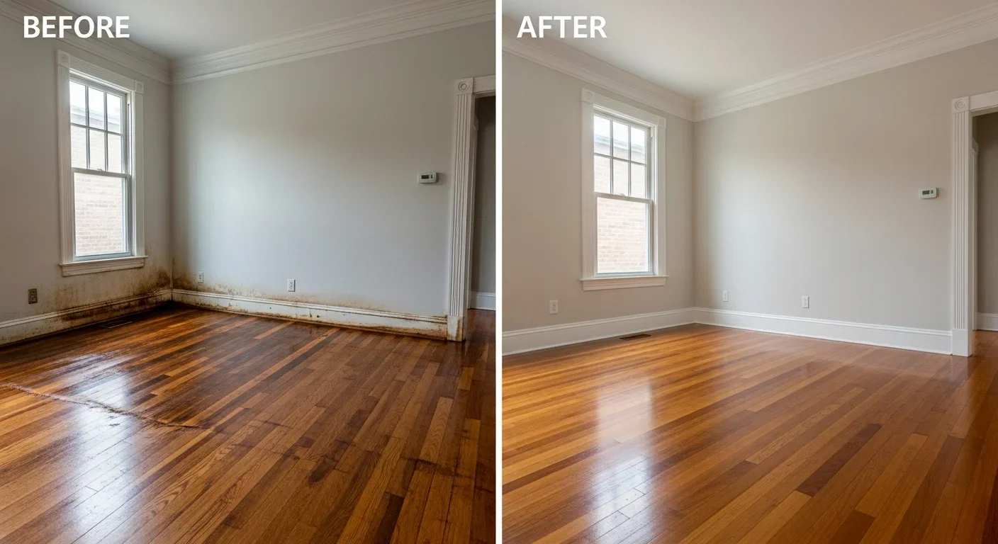 Before and after water damage restoration showing restored flooring and walls in a Columbia SC home