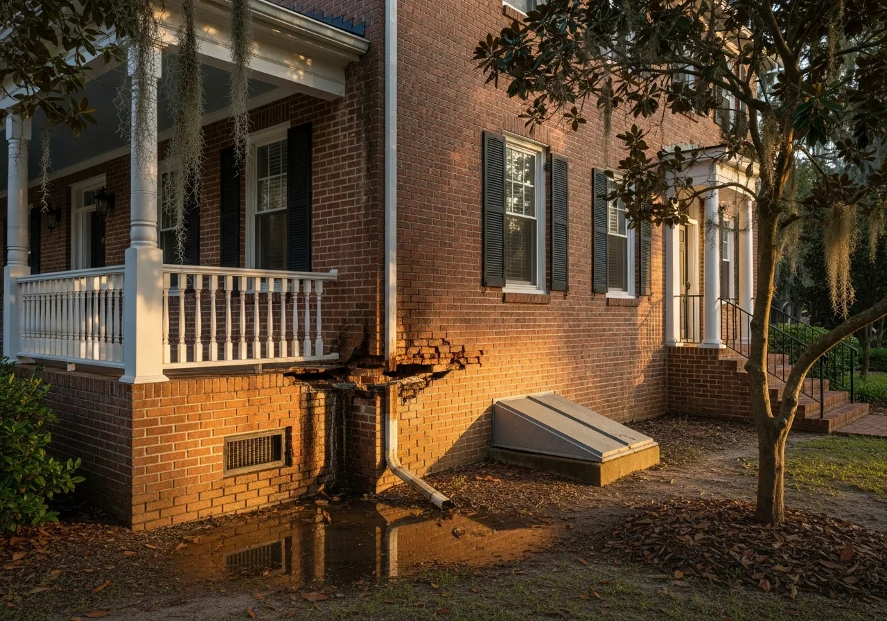 Exterior water damage visible on a brick home in Columbia SC with moisture staining along foundation