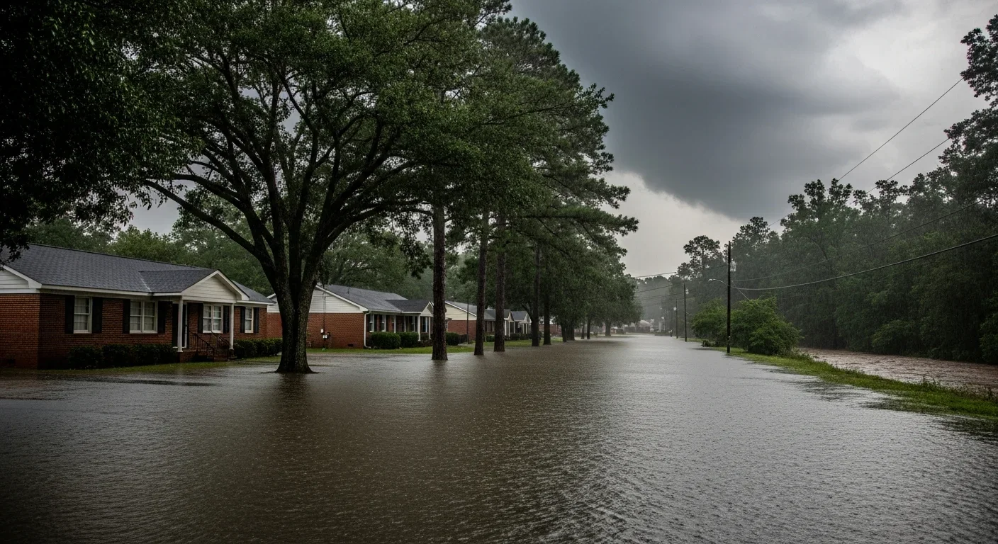 Flash flooding along a creek corridor in Columbia SC during severe summer storm