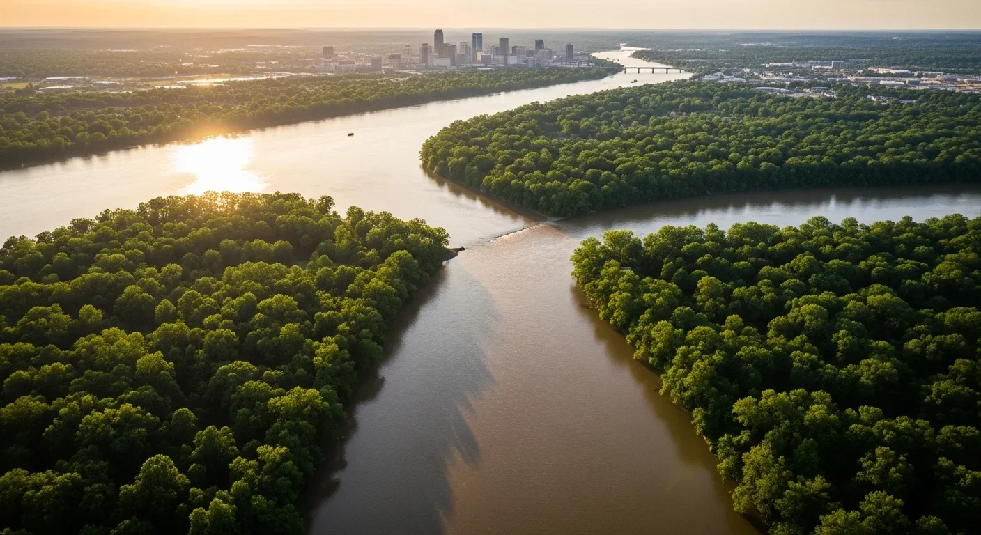 Aerial view of the Broad and Saluda Rivers converging to form the Congaree River at Columbia SC