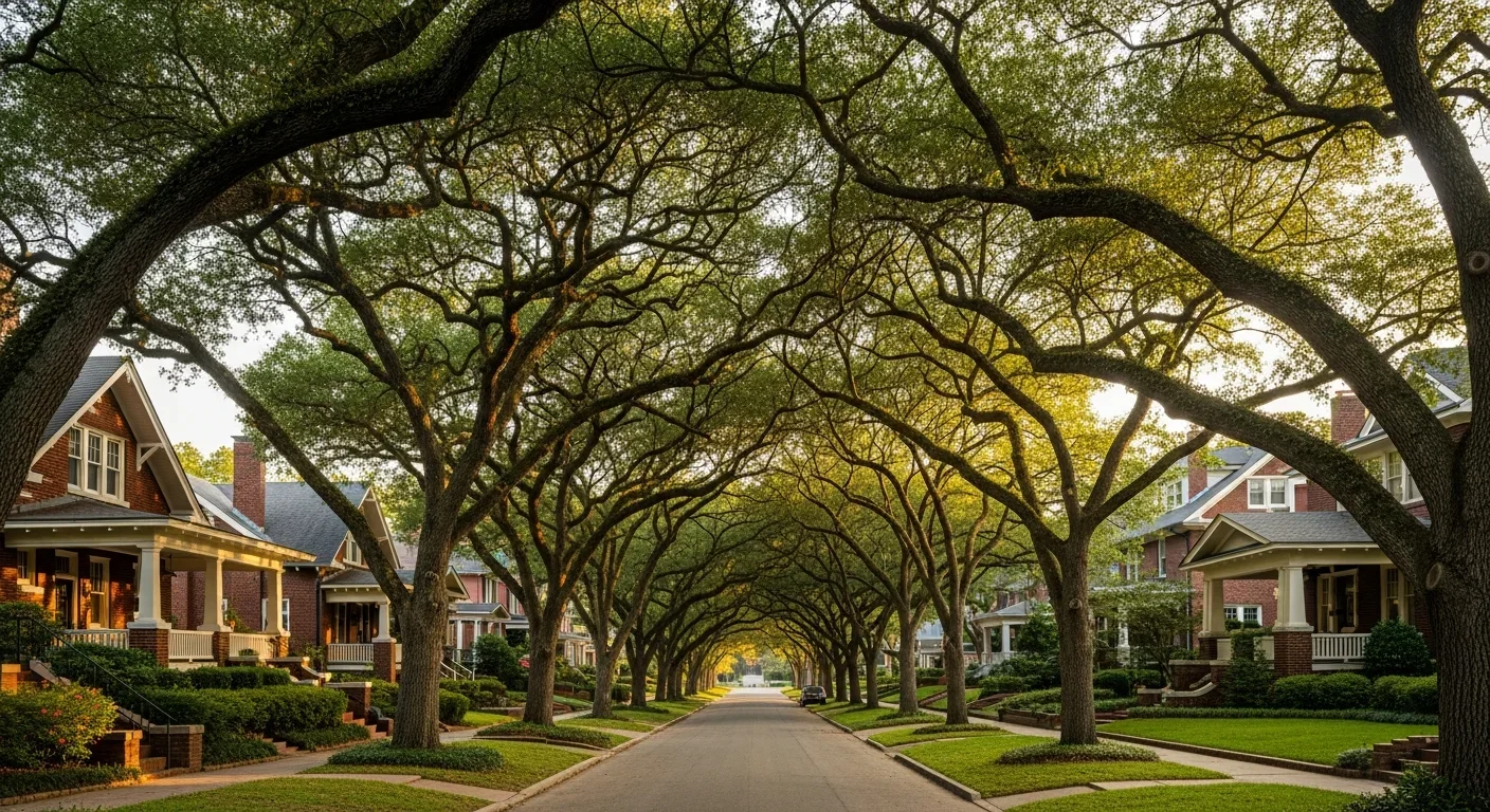 Tree-lined residential street in Shandon neighborhood of Columbia SC with 1920s-era bungalow homes