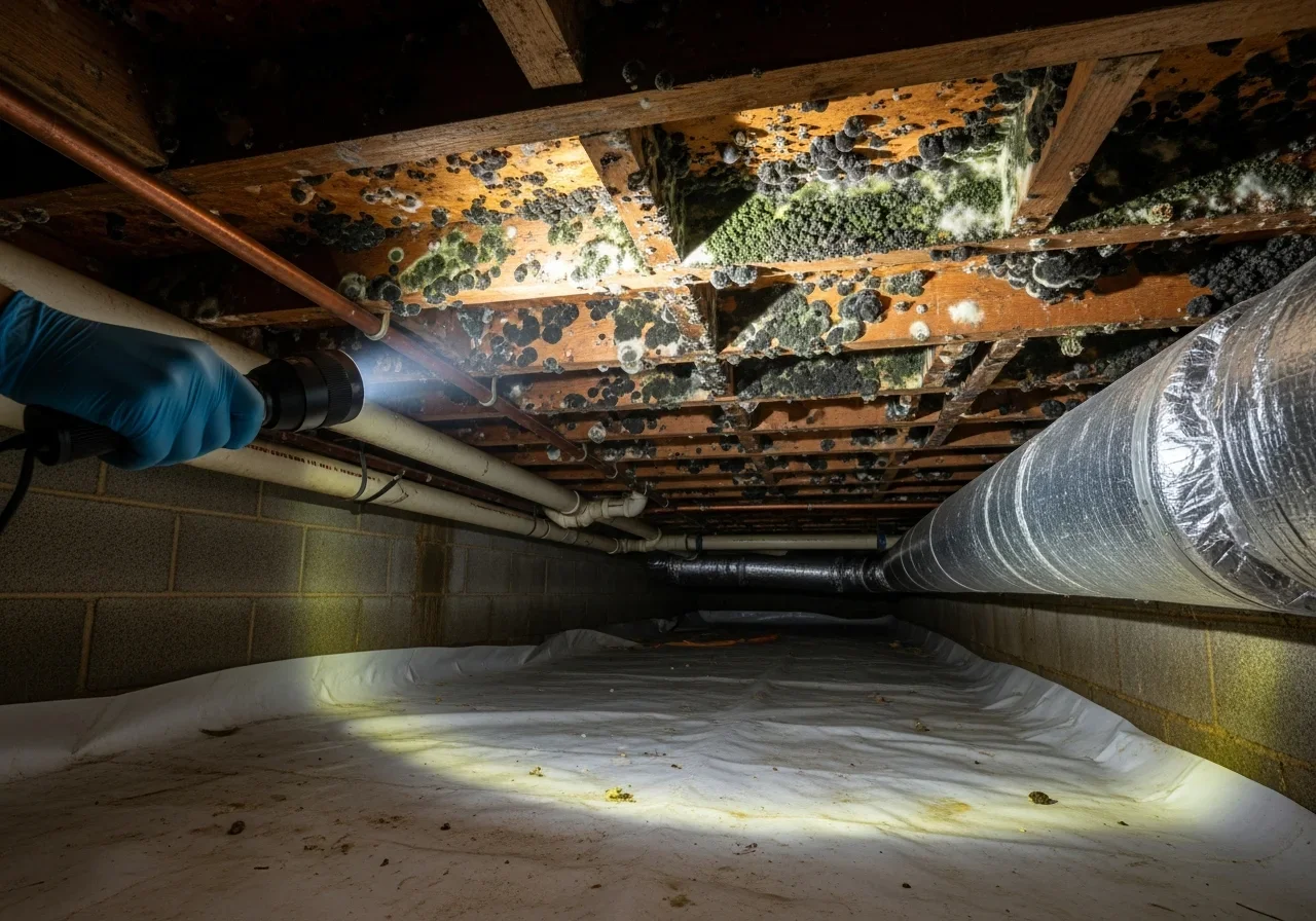 Mold growth in a vented crawl space under a Columbia SC home in the Shandon neighborhood