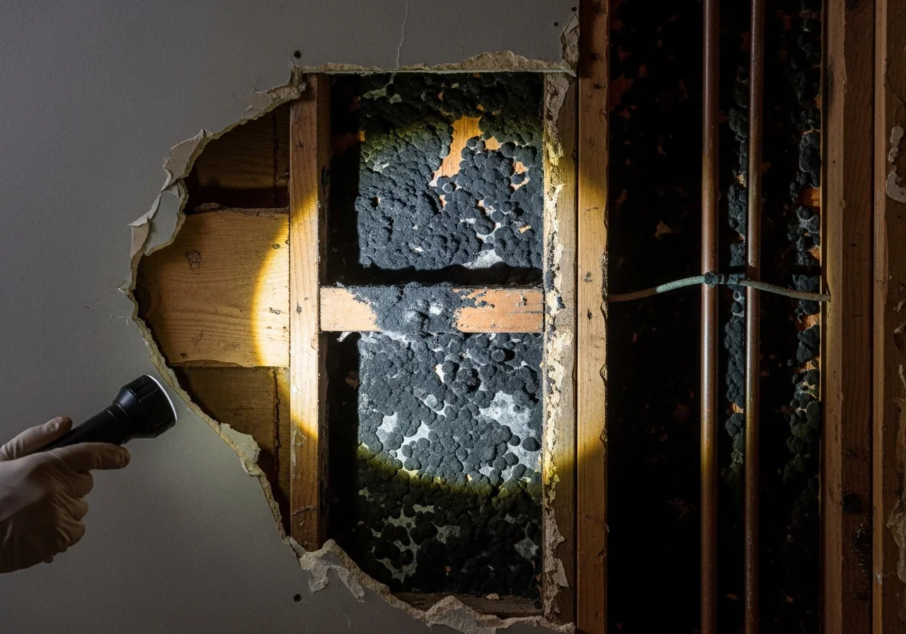 Hidden mold growth discovered inside a wall cavity during water damage investigation in Columbia SC