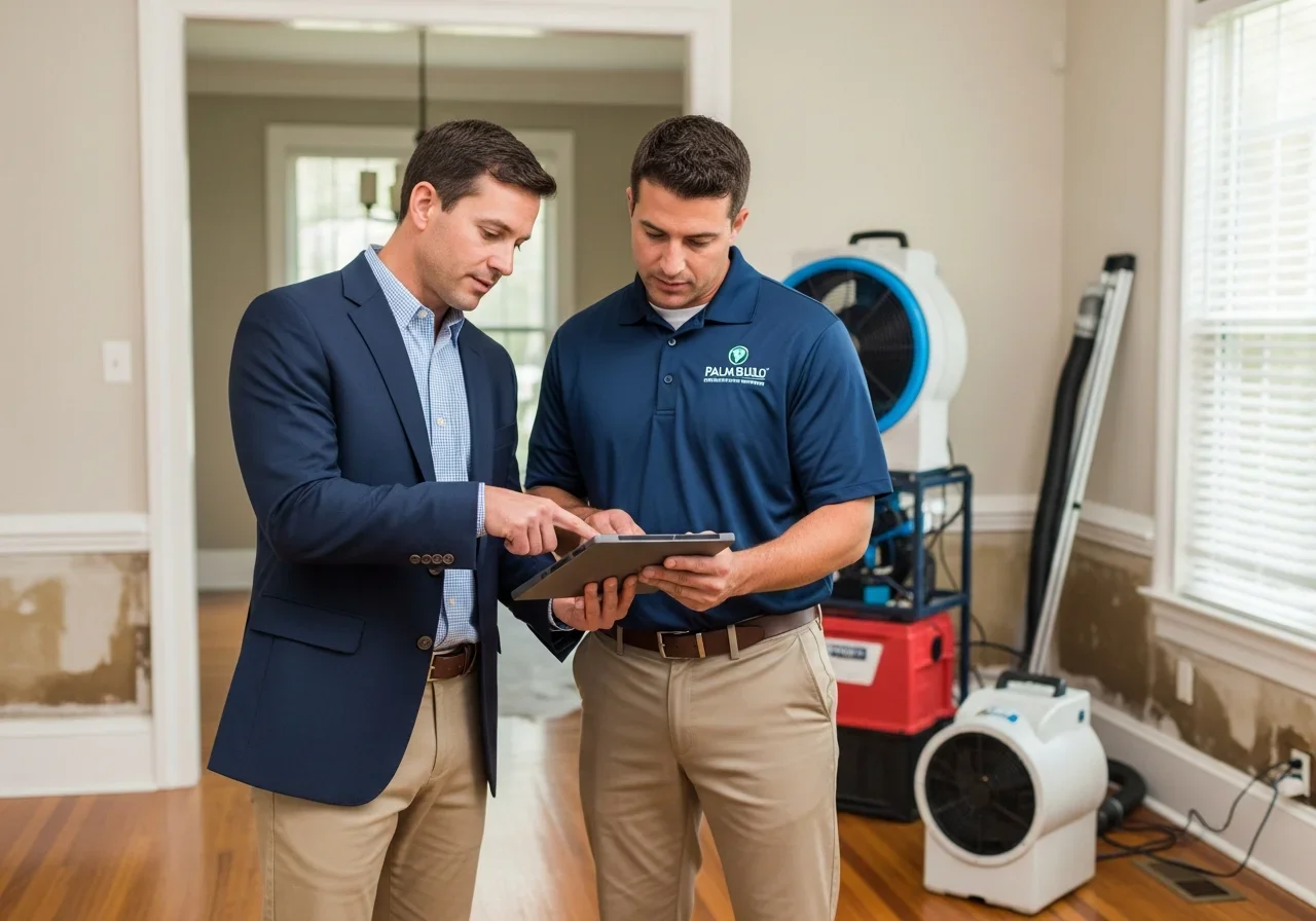 Palm Build technician documenting water damage with moisture meter readings for insurance claim in Columbia SC