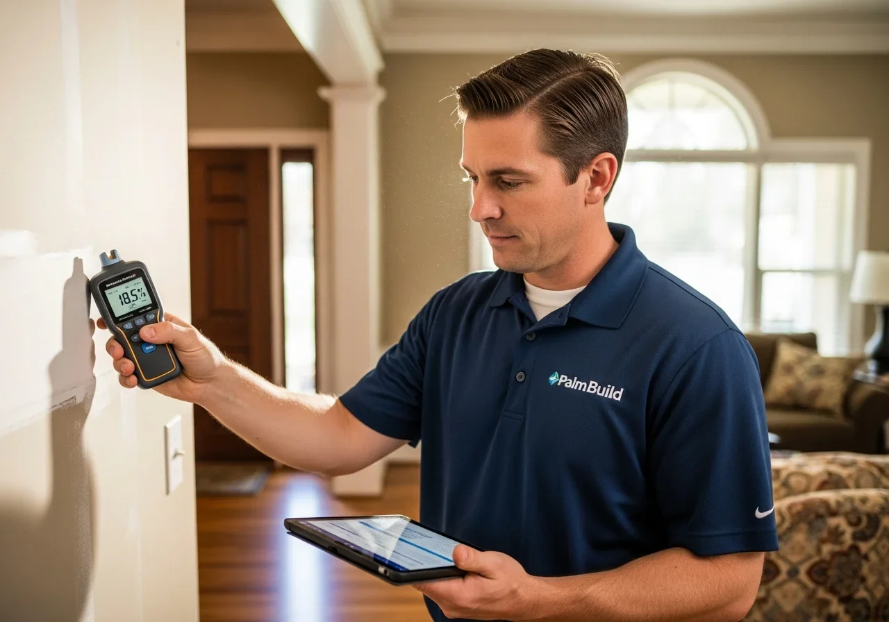 Palm Build IICRC-certified technician using a professional moisture meter to inspect water damage in a Columbia SC home